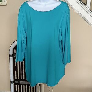 Denim&Co Boat neck, 3/4 Lace enhanced Sleeve Top, in green/blue. Size 1X